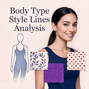 Análise de tipo de corpo e linhas de estilo, silhuetas de roupas, tecidos, estampas, joias, penteados, maquiagem, acessórios (inspirados no sistema Kibbe)