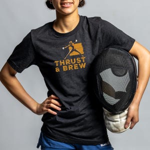 Thrust and Brew Fencing T-Shirt: Coffee Lover Fencer Gift