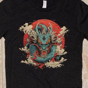 Dragon Print Tee, Oriental Style Shirt, Asian Inspired Top, Mythical Creature Tshirt, Red and Blue Unisex Tee, Chinese Dragon Graphic Shirt
