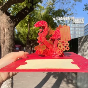 Carte de voeux serpent 3D en feuille d'or - Priez pour la chance et la prospérité Carte de voeux serpent rouge 3D, carte de voeux sur le thème des animaux fantastiques