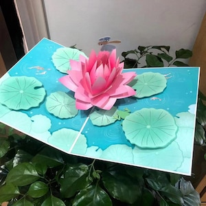 Tarjeta de felicitación con loto rosa en 3D: hermoso patrón de loto, hoja de loto verde Tarjeta de felicitación con loto