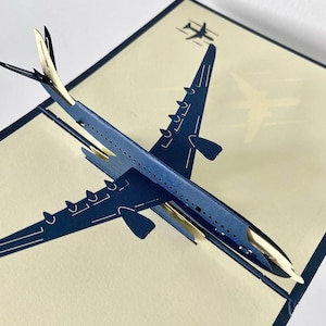 Tarjeta de felicitación de avión de aviación civil 3D: tarjeta 3D de avión azul creativo, tarjeta de felicitación de regalo para entusiastas de la aviación y pilotos.