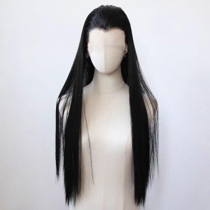ブラック レースフロント ナチュラル ウィッグ エクストラロング ストレート フルウィッグ ヴィンテージ ハート型 額 ブラック コス ウィッグ - ギフト