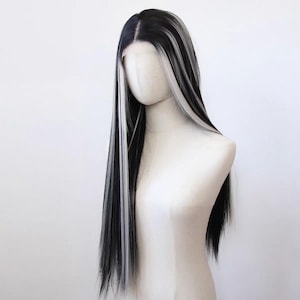 黒と白のハイライトレースフロントナチュラルウィッグスーパーロングストレートヘアフルセットウィッグ黒と白のハイライト魔女コスウィッグ