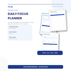 Könnte beinhalten: Ein digitaler Tagesplaner von Ya.Be mit 36 druckbaren und ausfüllbaren Seiten. Das Layout enthält Abschnitte für Prioritäten, Zeitblöcke und Arbeitssitzungen. Das Design verwendet blauen Text und Akzente auf einem weißen Hintergrund.