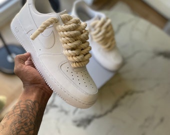 White Air Force 1 with Beige Rope Laces | Authentic AF1 | Air Force 1 | Thick Rope lace | Rope Laces Custom Air Force 1 | Custom Sneakers