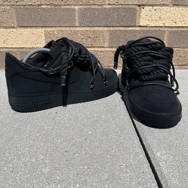Shadow Black Air Force 1 with Rope Laces | Authentic AF1 | Thick rope lace | Black Rope Laces Custom Air Force 1 | Custom Sneakers