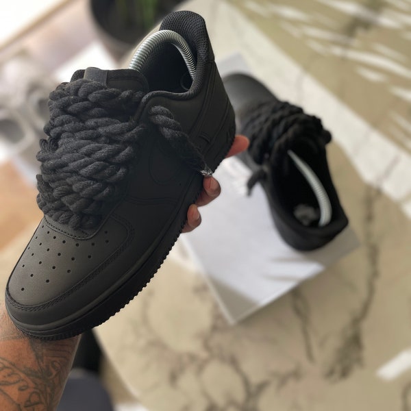 Matte Black Air Force 1 with Rope Lace | Authentic AF1 | Thick rope lace | Black Rope Laces Custom Air Force 1 | Custom Sneakers