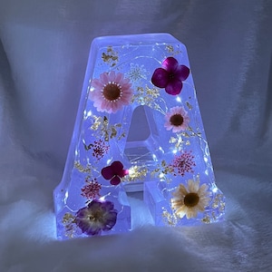 Mesilla de noche con letras de resina personalizadas/Letras de resina/Soporte decorativo de resina epoxi personalizado con luces LED/Pétalos de flores/Copos