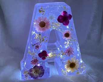 Custom Resin Letter Night Stand| Resin Letters| Personalized Epoxy Resin Decorative Stand with LED Lights | Flower Petals| Flakes