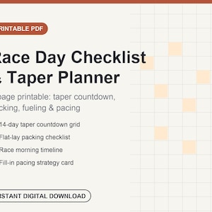 Utskrivbar checklista för tävlingsdag, veckoplanerare för nedtrappning i PDF-format, förberedelse för maraton, packlista, tempokort, digital nedladdning för löpare