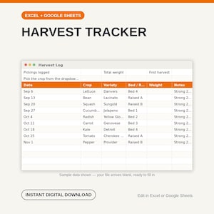 Op de afbeelding: Een digitaal Harvest Tracker spreadsheet-sjabloon voor Excel en Google Sheets. De interface toont een Harvest Log-tabel met kolommen voor datum, gewas, variëteit, bed, gewicht en notities, met oranje kopteksten en witte rijen met voorbeeldgegevens.