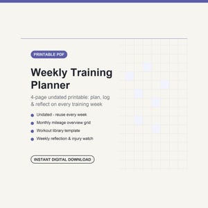 Könnte beinhalten: Ein druckbarer PDF-Wochen-Trainingsplaner mit dem Text Weekly Training Planner, 4-page undated printable: plan, log & reflect on every training week, sowie einer Liste von Funktionen, einschließlich eines undatierten Layouts und einer Übersicht.