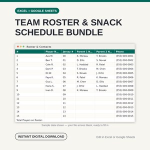 Op de afbeelding: Een digitaal teamrooster en snackschema-bundel voor Excel en Google Sheets. Het document bevat een tabel met kolommen voor spelersnaam, rugnummer, namen van ouders en telefoonnummers, met de tekst 'TEAM ROSTER & SNACK SCHEDULE BUNDLE'.