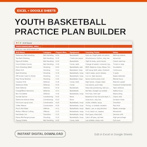 Foglio di calcolo per la creazione di piani di allenamento di pallacanestro giovanile, pianificatore di rotazione delle stazioni, tracker di tiro, download digitale per allenatori, Excel e Fogli Google