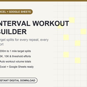 Puede incluir: Una plantilla digital Interval Workout Builder para Excel y Google Sheets. El gráfico muestra texto oscuro sobre un fondo claro, enumerando características como tiempos objetivo de 200m a 1 milla, esfuerzos de 5K, 10K y umbral.