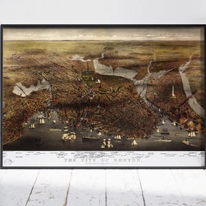 Boston Map Print Bird&#39;s Eye View 1873 | Restored Vintage Currier & Ives Panoramic Perspective Lithograph Massachusetts History Wall Artwork