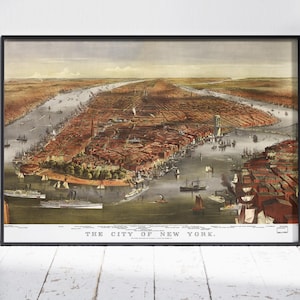 New York City Map Print Bird&#39;s Eye View Map 1870 | Restored Vintage Currier & Ives Panoramic Perspective Lithograph American Cities Artwork