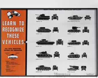 WWII Heavy Tank Identification Guide | Large Print WW2 Tank Chart Restored Newsmap Poster American T2 T-35 Panzer World War Two Tank Diagram