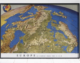 Europe As Viewed From The U.S.S.R. Map Print | 1944 Vintage WWII Maps Large Print Newsmap Russian American History Wall Art Poster Painting