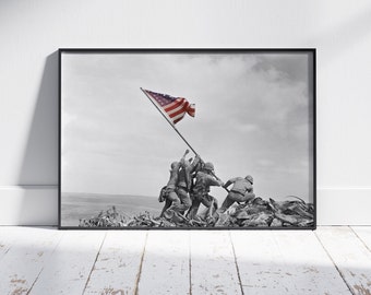 Raising the Flag on Iwo Jima | Restored and Colorized Black and White WW2 Poster World War II USA History Vintage Photography Prints Art