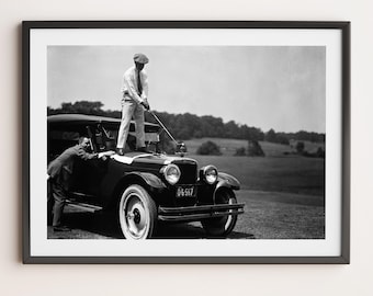 Impresión de golf vintage: "Salir desde un Modelo T" / Impresión artística divertida de golf para pared, foto de coche clásico en blanco y negro, regalo para golfistas.