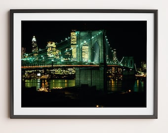 Vintage NYC Print: Brooklyn Bridge at Night | Fine Art Print | 1983 Vintage New York Skyline Black and White Photography Retro USA Wall Art