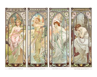 Times of the Day Alphonse Mucha Lovely Art Nouveau 4 Panel Poster