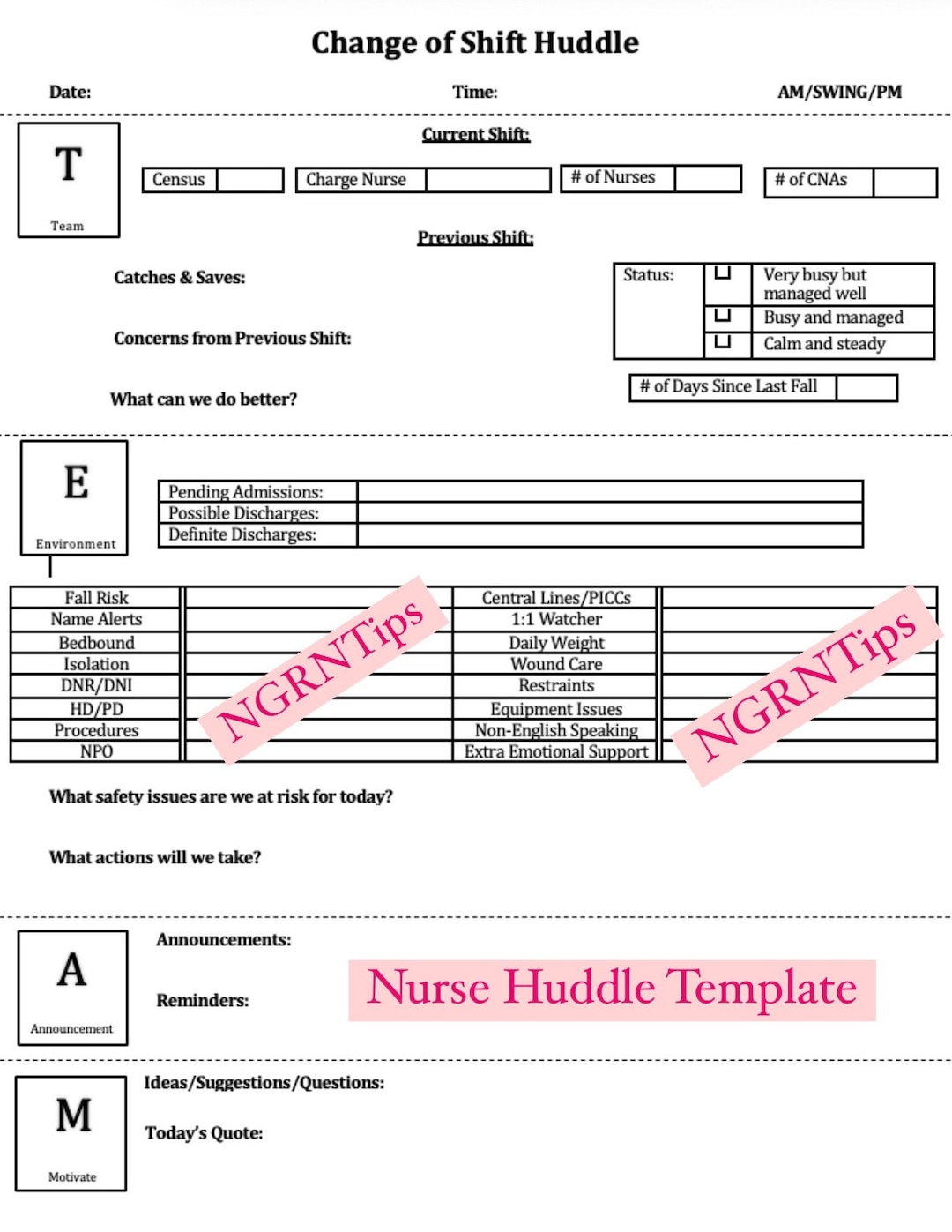 Nurse Shift Huddle Template Etsy Nurse Shift Huddle Template Etsy