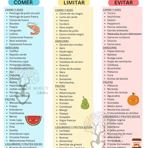 Peut inclure: Infographie en espagnol intitulée « Liste des aliments pour les maladies rénales », classant les aliments à consommer, à limiter et à éviter. Les listes comprennent des viandes, des légumes, des fruits et des légumineuses, avec des illustrations colorées.
