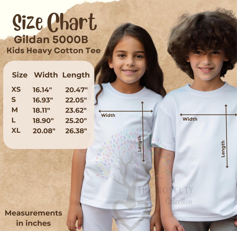 May include: Size chart for Gildan 5000B Kids Heavy Cotton Tee, showing measurements in inches for width and length of sizes XS, S, M, L, and XL.