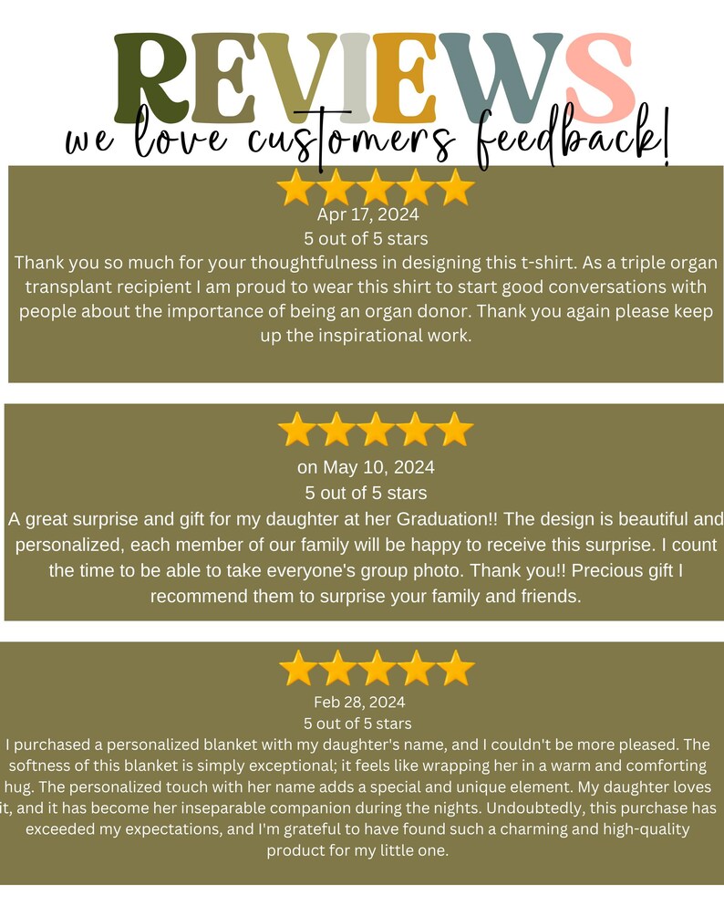 May include: Three customer reviews for a personalized product. The reviews are all positive and include five stars. The first review is from April 17, 2024, the second is from May 10, 2024, and the third is from February 28, 2024.