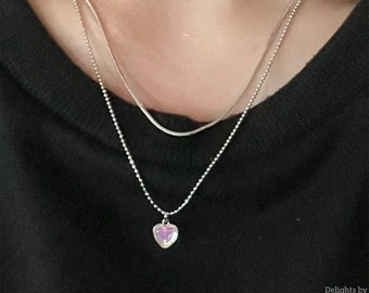 Collana in pietra di luna a doppia catena con cuore in argento fatto a mano, collana a cuore lucido con pietre preziose, collana con ciondolo a cuore