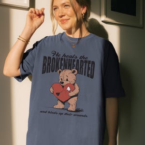 He Heals the Brokenhearted Tee, Christian Tshirt, Psalm 147:3 Bible Verse Graphic Tee. Faith-Based Apparel, Vintage Graphic Tee, Jesus Heals