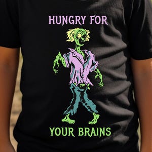 Cartoonish Zombie Hungry For Your Brains Youth Short Sleeve T-shirt, Kids Halloween T-shirt, Zombie Tee, Funny Graphic Shirt, Ghoulish Tee