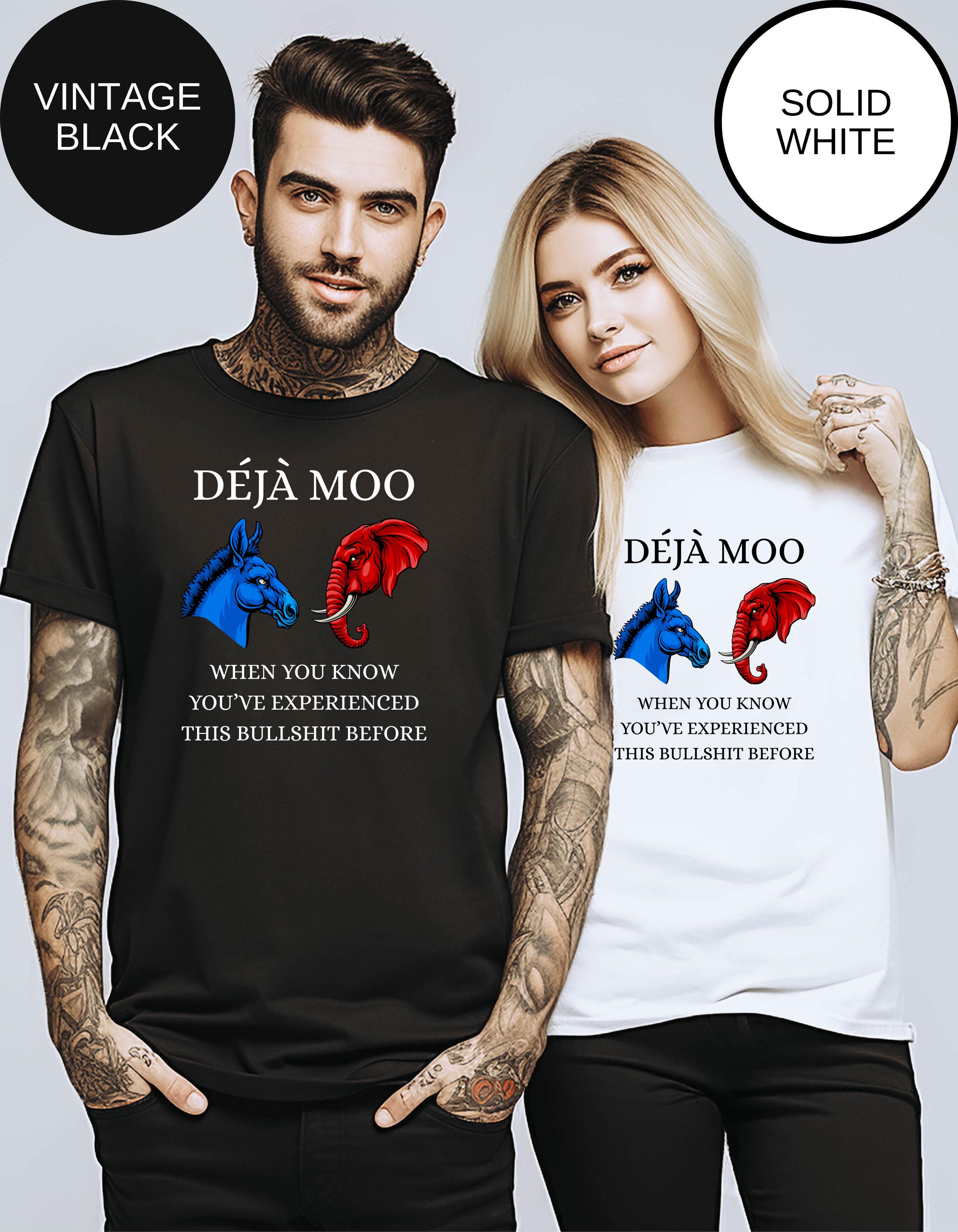 Political Party Face-Off T-Shirt, Donkey vs Elephant Tee, Deja Moo Bullshit Shirt, Unisex Short Sleeve, Funny Protest Attire, Humorous Rally