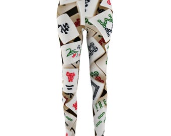 Leggings, Mahjong Tiles Print, Women's Casual Pants, Playful Yoga Tights, Stretchy Workout Bottoms, Mahj, Dot Bam Crack, Tournament Attire