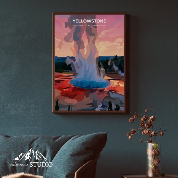 Yellowstone National Park | Outdoor Travel Poster | Wyoming Nature Art Print | Volcano Geyser Landscape | Wall Artwork Gift | Home Decor |