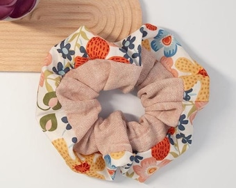 Floral Cotton Scrunchie | Reversible Peach Linen Hair Tie | Cottagecore Neutral Hair Accessory | Strong Hold for Thick Hair | Gift for Her