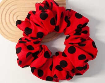 Red Polka Dot Scrunchie – Bold Statement Hair Accessory, Strong Hold for Thick Hair, Dual Fabric Scrunchie, Gift for Her
