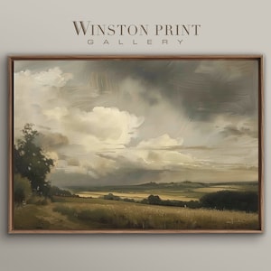 Klassiskt landskapsgrönt: Scenisk målning, fält och moln, rustik konst, oljemålning, digital nedladdningsbar konst