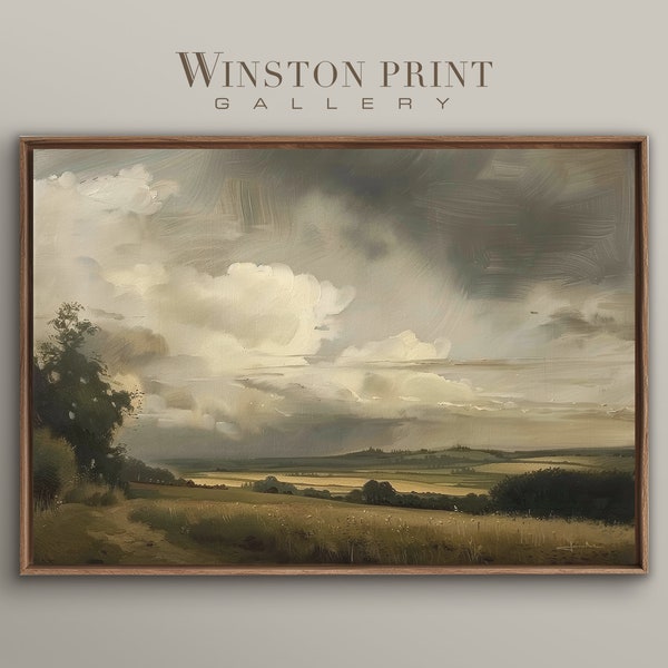 Paysage classique en vert : peinture pittoresque, champ et nuages, oeuvre d'art rustique, peinture à l'huile, oeuvre d'art en téléchargement numérique