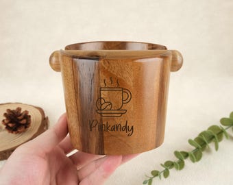 Personalized Acacia Wood Coffee Knock Box, Custom Engraving, Coffee Grounds Bin, Barista Espresso Accessory, Gift for Coffee Lovers