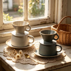 Könnte beinhalten: Zwei Keramik-Kaffeefilter mit passenden Tassen und Untertassen, einer in hellem Beige und einer in Schieferblau, beide mit gesprenkelter Oberfläche. Ein kleiner goldfarbener Metalllöffel und zwei getrocknete weiße Gänseblümchen liegen dabei.
