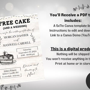 Op de afbeelding: Een printbare huwelijksuitnodiging met een rustieke houten achtergrond. De uitnodiging bevat een handgetekende illustratie van een stuk taart met de tekst "Free Cake (and a wedding)". De uitnodiging bevat de namen van het paar, Morgan Dasher en Maxwell Cardell, de datum en tijd van de bruiloft, en de locatie van de receptie. De tekst "Dinner and dancing to follow!" is ook inbegrepen.