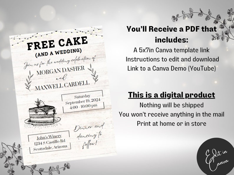 Op de afbeelding: Een printbare huwelijksuitnodiging met een rustieke houten achtergrond. De uitnodiging bevat een handgetekende illustratie van een stuk taart met de tekst "Free Cake (and a wedding)". De uitnodiging bevat de namen van het paar, Morgan Dasher en Maxwell Cardell, de datum en tijd van de bruiloft, en de locatie van de receptie. De tekst "Dinner and dancing to follow!" is ook inbegrepen.