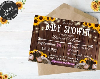 Bearbeitbare Western-Babypartyeinladung, druckbare Sonnenblumen-Western einladen, Cowgirl-Babypartyparty