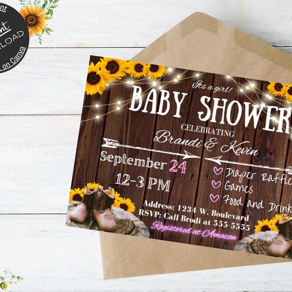 Editable Western Baby Shower Invitation, Printable Sunflower Western Invite, Cowgirl Baby Shower Party