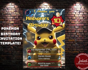 Pikachu Geburtstagseinladung, Pokemon Party, Druckbare Einladung Vorlage - Sofort Download