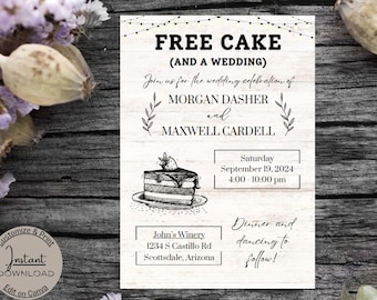 Bearbeitbare lustige Hochzeitseinladung, druckbare Hochzeitseinladung, kostenloser Kuchenspaß - Sofortiger Download